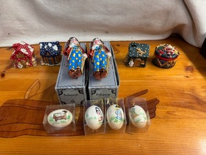 lot 85 image: Unique Assortment of Collectible Christmas Decor - Mad Hatter Ornaments, Set of Asian hand Painted Ornaments, Set of 3 Candles and a Candy Dish