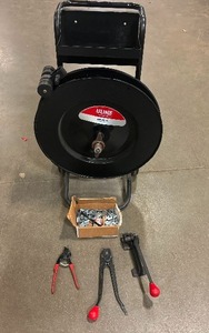 lot 5 image: Uline Strapping Tools. Includes Cart with Some Banding, Cutter, Crimper, Tightener, Extra Clips