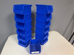 lot 58 image: 12 Uline Blue Stackable Bins 5.5 x 4 x 3 plus 1 Bonus Akro Mills Bin of Same Size.