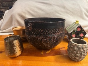 lot 137 image: Four Unique Flower and Plant Containers with a Decorative Birdhouse