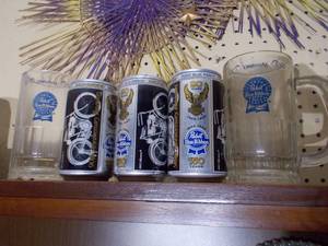 lot 43 image: Harley beer cans a Pabst blue ribbon glass beer glasses