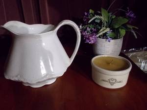 lot 137 image: Water pitcher, Roseville candle, flower pot