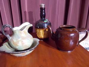 lot 141 image: Bowl and pitcher set, liquor bottle, vintage tea pot