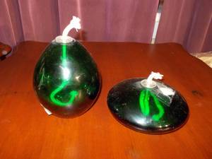 lot 143 image: Green glass oil lamps