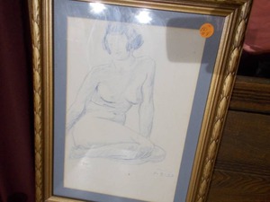 lot 152 image: A framed pencil drawing identified as a seated nude woman by the French artist Andr Lhote (1885-1962