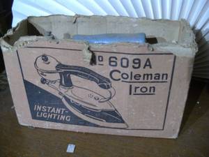 lot 387 image: vintage Coleman 608A Instant Lighting Iron in its original box