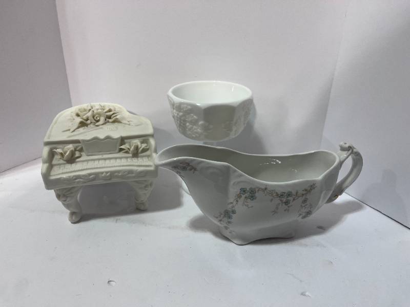 lot 73 image: Bisque Piano Music Box, Milk Glass Goblet, Johnson Bros England Gravy Boat