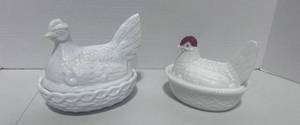 lot 6 image: Two Milk Glass Hen on Nest 6 and 5