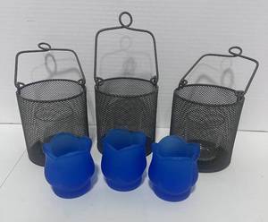 lot 83 image: 3 Votive Lanterns and 2 Blue Votive Holders