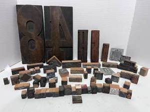 lot 1 image: Large Lot of Antique Type Setters Blocks Wood and Metal