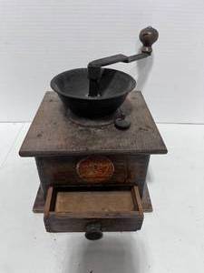 lot 120 image: Very Old Run Easy Coffee Mills Wood Coffee Grinder