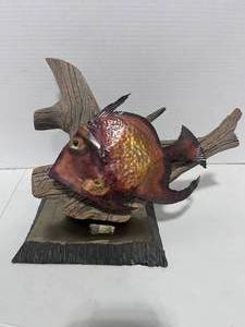 lot 131 image: Metal Fish Sculpture on Driftwood Heavy Brass Base