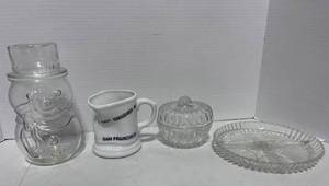 lot 157 image: Snowman Jar, Novelty Coffee Cup, Covered Dish and Divided Dish