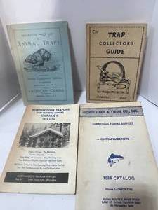 lot 163 image: 1893 Animal Traps Book (1976 Reprint) 1975 Trap Collectors Guide, 1973 Northwoods Trapline and 1988 Nichols Net and Twine