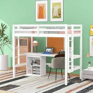 Polibi White Twin Size Wood Loft Bed with Desk and Writing Board, 2 Drawers Cabinet Customer Returns See Pictures