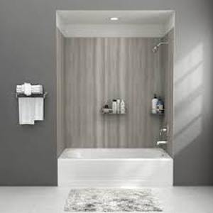 lot 3 image: American Standard Passage 32 in. x 60 in. 4-Piece Glue-Up Alcove Bath Wall in Gray Timber Customer Returns See Pictures