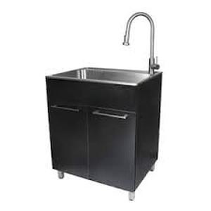 lot 20 image: Presenza All-in-One 28 in. x 22 in. x 33.8 in. Stainless Steel Drop-In Sink and Cabinet with Faucet in Black   Customer Returns See Pictures