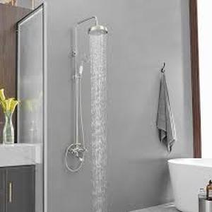 lot 22 image: BWE 1-Spray Bathroom Outdoor Wall Bar Shower Kit with Tub Faucet and Double Cross Handle in Brushed Nickel (Valve Included)   Customer Returns See Pictures