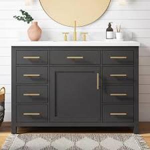 Home Decorators Collection Bonheur 49 in. Single Sink Freestanding Black Bath Vanity with White Engineered Stone Top (Assembled)  Customer Returns See Pictures