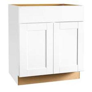 lot 32 image: Hampton Bay Shaker 30 in. W x 24 in. D x 34.5 in. H Assembled Sink Base Cabinet in Satin White  Customer Returns See Pictures