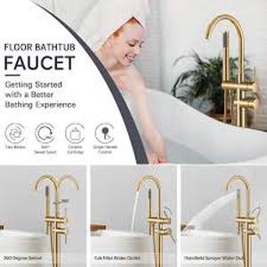 lot 44 image: AKLFGN Single-Handle Freestanding Floor Mount Roman Tub Faucet Bathtub Filler with Hand Shower in. Gold Customer Returns See Pictures