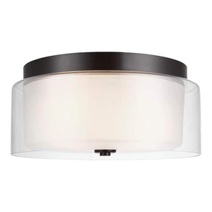 lot 42 image: Elmwood Park 14 in. 2-Light Bronze Modern Transitional Flush Mount with Satin Etched Glass Shade and LED Light Bulbs