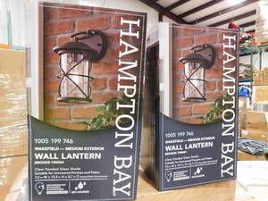 lot 62 image: (2) Hampton Bay Wakefield 13.5 in. 1-Light Hardwired Bronze Outdoor Wall Light Lantern Sconce with No Bulb Included
