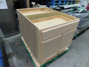 lot 63 image: (2) Hampton Bay 36 in. W x 24 in. D x 34.5 in. H Assembled Sink Base Kitchen Cabinet in Unfinished with Recessed Panel