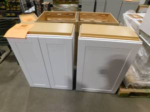 lot 199 image: Hampton Bay Shaker 27 in. & 24 in. W x 12 in. D x 36 in. H Assembled Wall Cabinet in Satin White