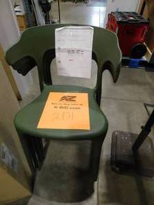 lot 201 image: WESTIN OUTDOOR Frond and Form Outdoor Patio Modern Curved Back Poly Plastic Stacking Dining Side Chair (Set of 4), Olive Green