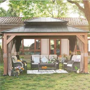 lot 13 image: Wood Color Gazebo With Moquito Netting And Sidewalls