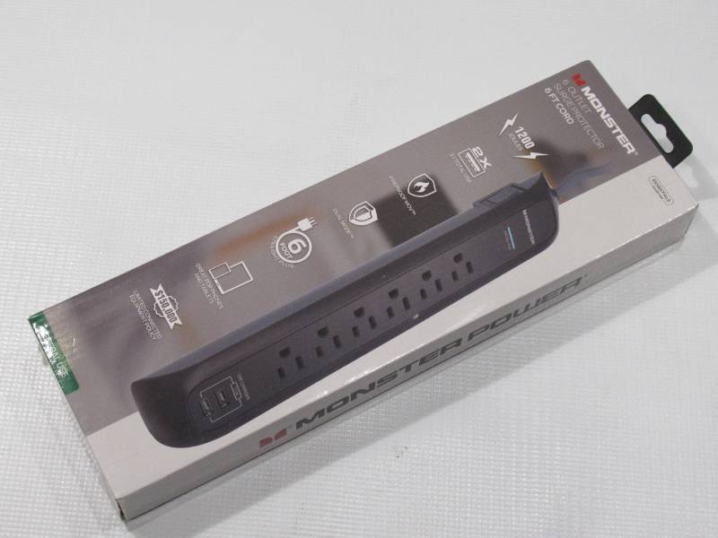 lot 714 image: Monster 6 Outlet Heavy Duty Power Strip and Tower Surge Protector Black 6ft