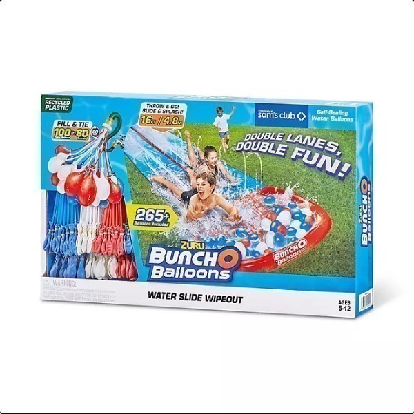 lot 740 image: NEW ZURU Red White Blue Water Slide Large 2 Lane With 8 Bunch O Balloons