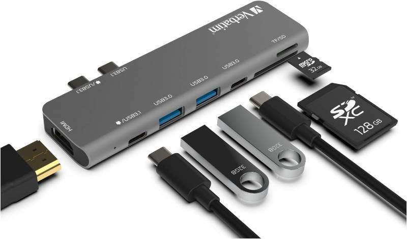 lot 882 image: Verbatim 7-in-2 USB C Hub Adapter with 4K HDMI, 100W Power Delivery, USB 3.0, SD Card Readers for MacBook Pro and USB C Laptops