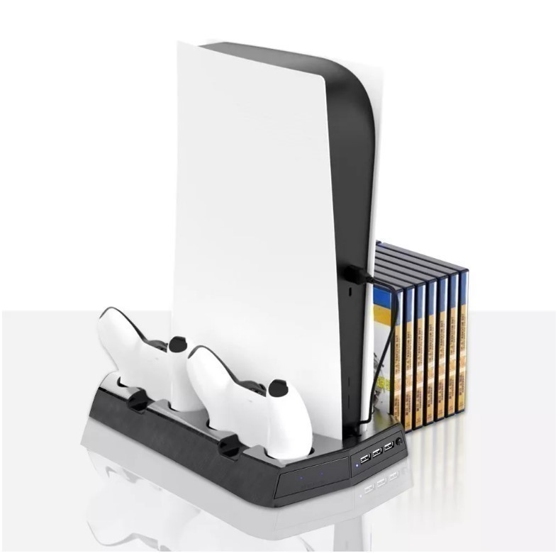 lot 938 image: Wasserstein 3-in-1 Playstation 5 Vertical Cooling Stand with DualSense Controller Charging Station, Cooling Fan, and Video Games Storage