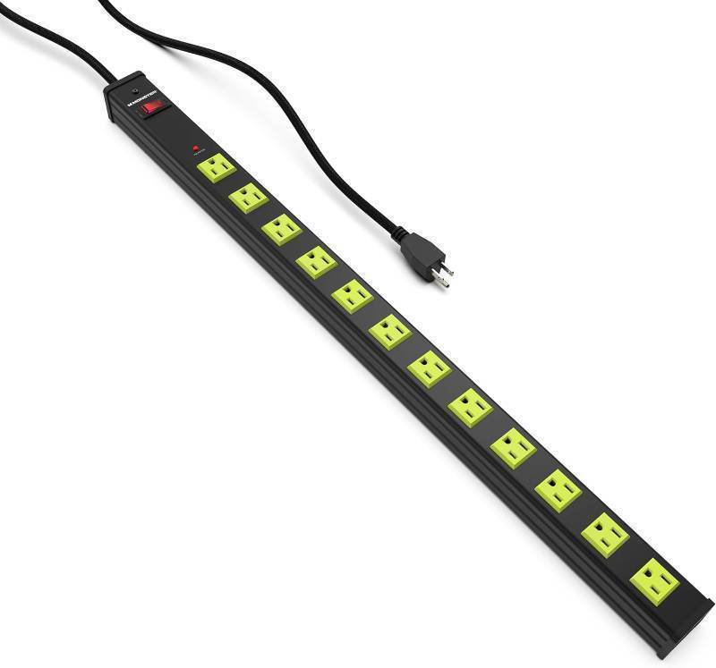 lot 212 image: Monster Workshop Heavy-Duty Garage Power Strip Surge Protector - Mountable Heavy-Duty Wide-Spaced 12 Grounded AC Outlets with 6 ft Plug Chord- 1800 Joules
