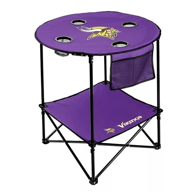 lot 232 image: NEW Logo Brands NFL 27.6 XL Round Tailgate Table with Bottom Shelf - Minnesota Vikings