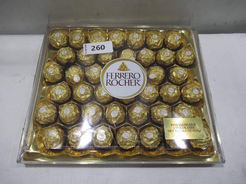 lot 260 image: NEW Ferrero Rocher, 42 Count, Premium Milk Chocolate Hazelnut, Chocolates for Gifting, 18.5 oz BB 5-25