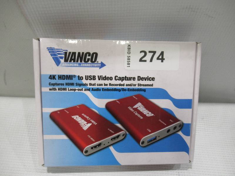 lot 274 image: Vanco CAPT4K1 4K HDMI to USB Capture with Audio Embedding  De-Embedding - RED