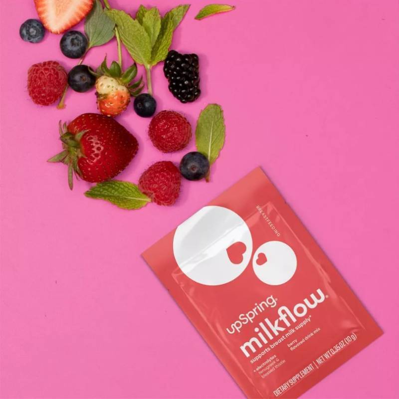 lot 304 image: UpSpring MilkFlow Drink Mix Breastfeeding Supplement with Electrolytes - Berry Flavor - 16ct