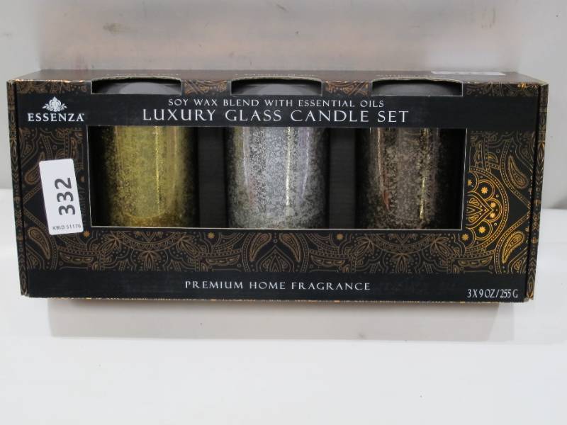 lot 332 image: NEW Essenza Soy Wax Blend Scented Essential Oils Luxury Glass Candle Set, 3 pk, 9oz