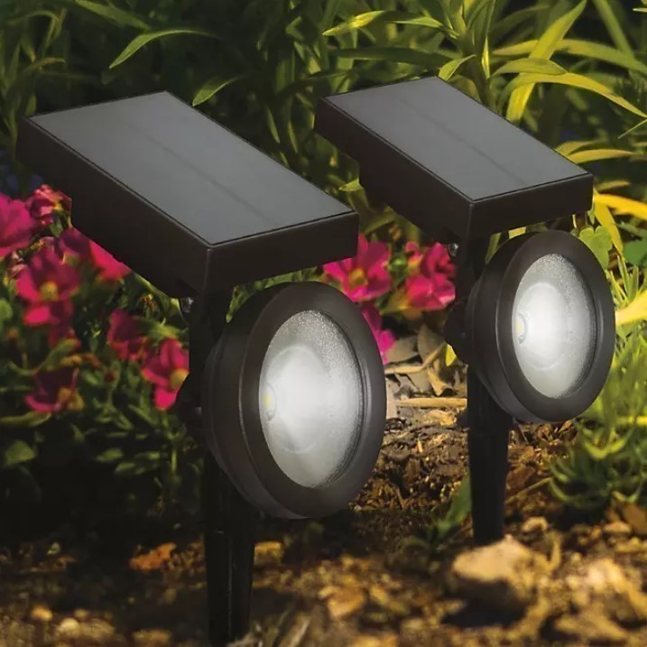 lot 346 image: NEW Members Mark 2-Piece LED Solar Spotlights - Oil-Rubbed Bronze