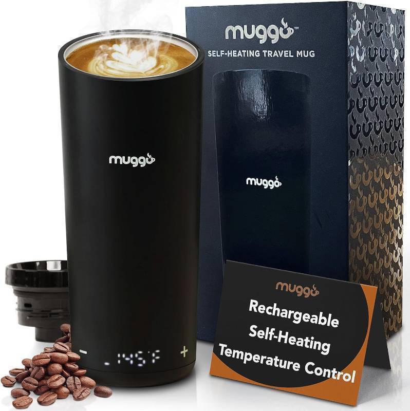 lot 429 image: NEW Muggo 12 oz Self-Heating Coffee Mug, Black Portable with Leak-Proof Lid & 3-Hour Battery Life