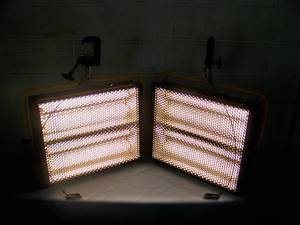 lot 26 image: (2) Desisti Lighting DE-LUX-4 Tube Dimmable Cold Source Soft  Stage Fluorescent Lights  Light Fixtures with Heavy-Duty C Clamps, Speakon Power Cable and String Cable