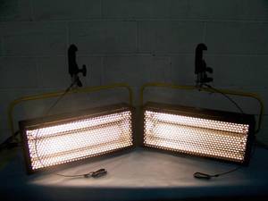 lot 28 image: (2) Desisti Lighting DE-LUX-4 Tube Dimmable Cold Source Soft  Stage Fluorescent Lights  Light Fixtures with Heavy-Duty C Clamps, Speakon Power Cable and String Cable