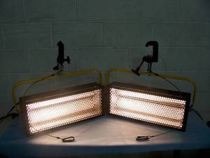 lot 29 image: (2) Desisti Lighting DE-LUX-2 Tube Dimmable Cold Source Soft  Stage Fluorescent Lights  Light Fixtures with Heavy-Duty C Clamps, Speakon Power Cable and String Cable
