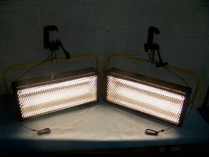 lot 30 image: (2) Desisti Lighting DE-LUX-2 Tube Dimmable Cold Source Soft  Stage Fluorescent Lights  Light Fixtures with Heavy-Duty C Clamps, Speakon Power Cable and String Cable