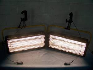 lot 31 image: (2) Desisti Lighting DE-LUX-2 Tube Dimmable Cold Source Soft  Stage Fluorescent Lights  Light Fixtures with Heavy-Duty C Clamps, Speakon Power Cable and String Cable