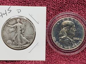 lot 10 image: 1945-D Walking Liberty & 1962 Franklin Half Dollars 90% Silver