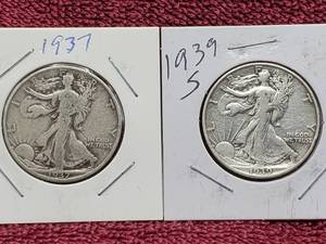 lot 12 image: 1937 & 1939-S Walking Liberty  Half Dollars 90% Silver